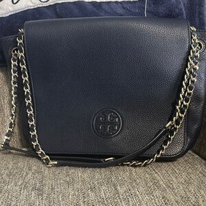 Tory Burch Navy Pebble Leather Crossbody Bag with Chain Strap